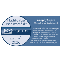 ECOreporter Siegel 2026 für geprüftes nachhaltiges Finanzprodukt von Murphy&Spitz Umweltfonds Deutschland.